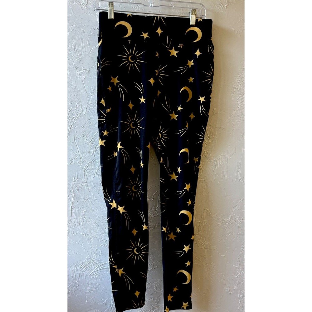 POP FIT Women’s L Black/Gold Moon & Stars High Rise Ankle Leggings Stretch